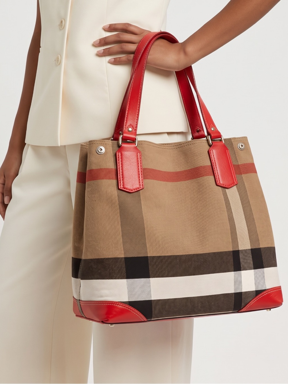 BURBERRY MAIDSTONE HOUSE CHECK CANVAS /CADMIUM RED LEATHER SHOULDER/HAND…